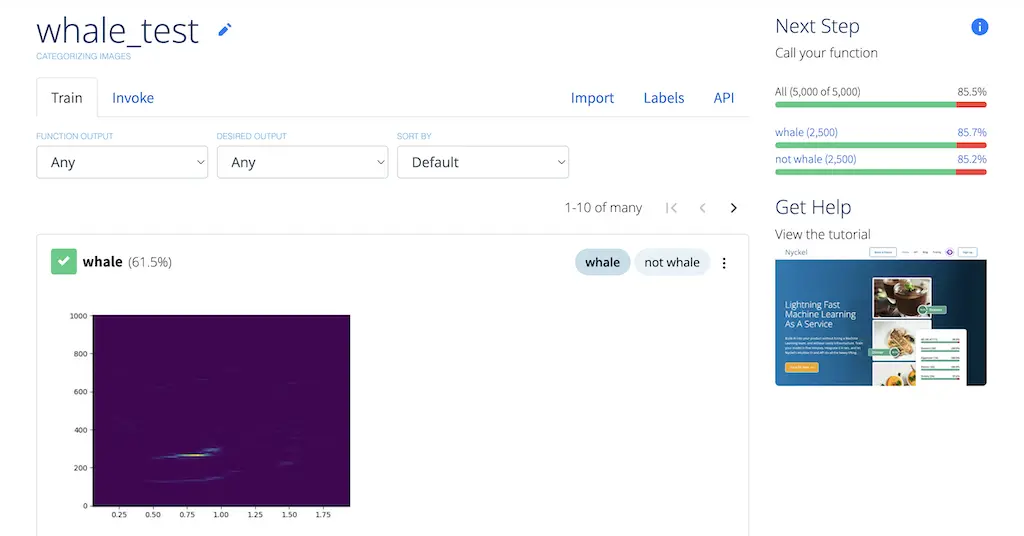 A screenshot of a trained Nyckel image classification function for whale calls